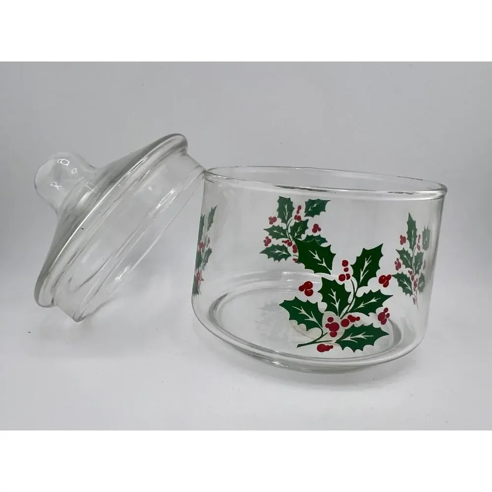 Vintage Indiana Glass 5979 Clear Christmas Holly‎ Berries Snack Jar with Lid
